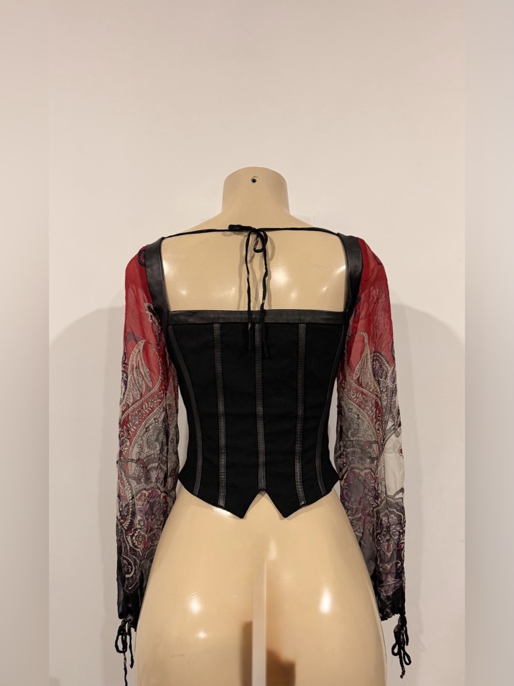 Bebe Stunning Black Corset Top with Faux Leather Trim & Paisley Mesh Balloon Sle - Picture 3 of 7